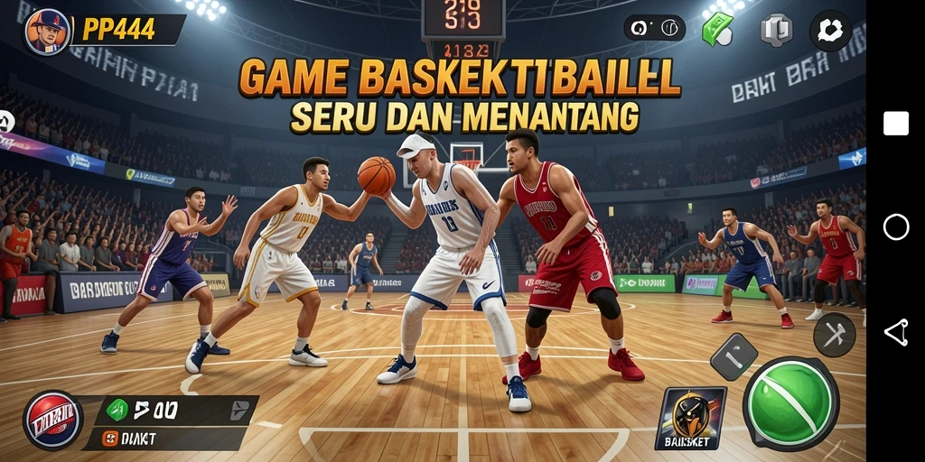 Screenshot utama PP444 menunjukkan antarmuka permainan basket yang menarik.